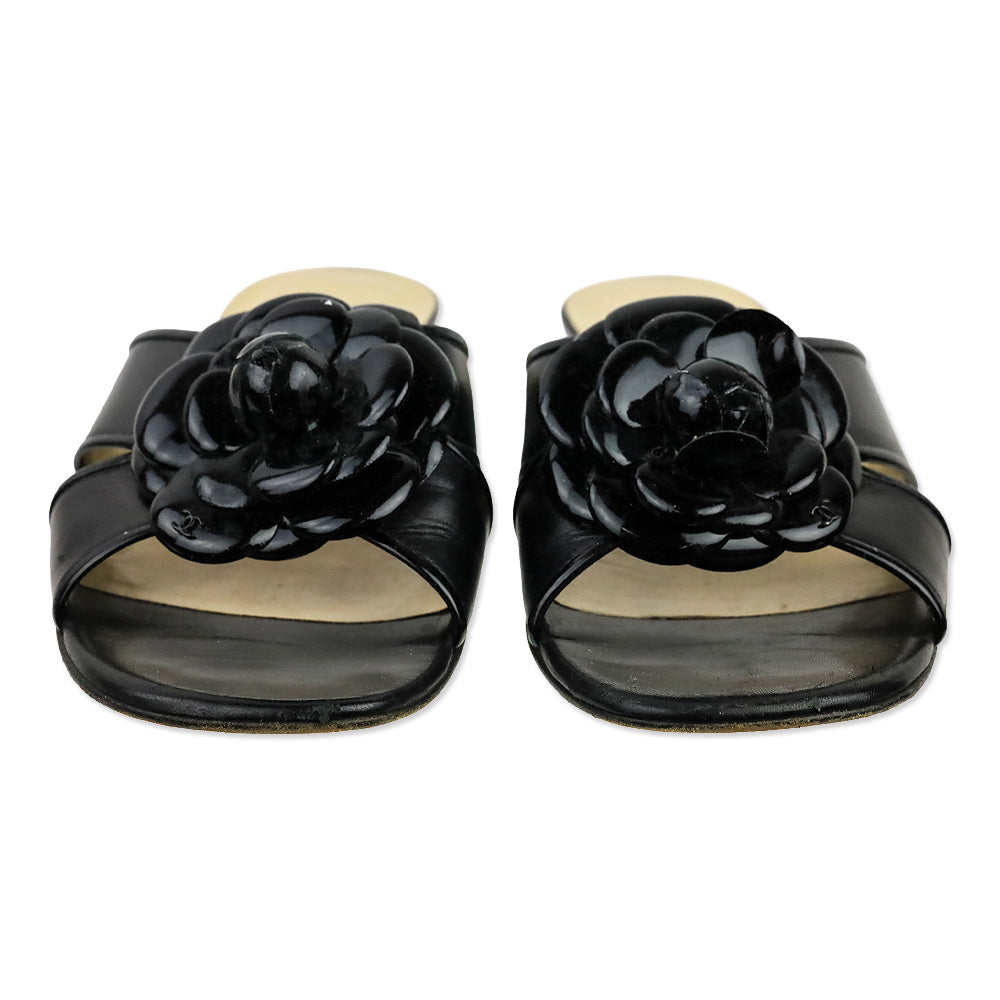 Chanel Black Patent Leather Camilla Slide Sandals