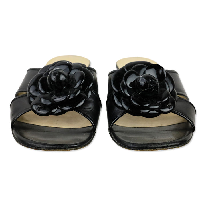 Chanel Black Patent Leather Camilla Slide Sandals