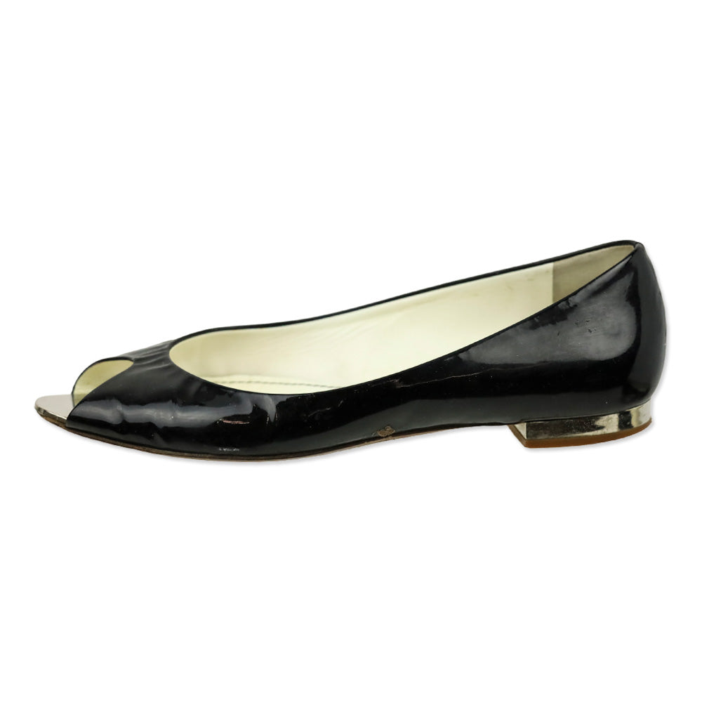 Chanel Black Patent Leather Peep Toe Flats