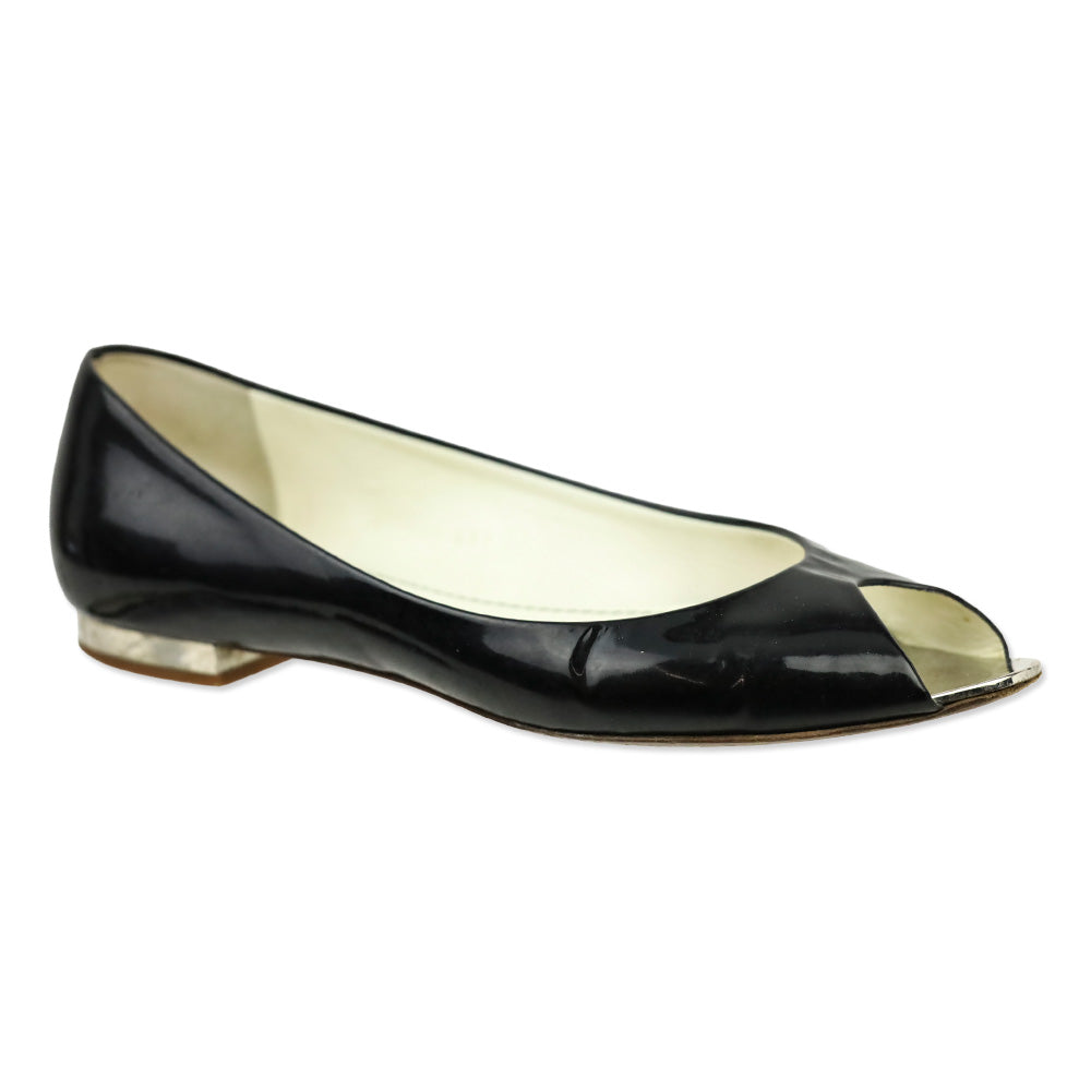 Chanel Black Patent Leather Peep Toe Flats
