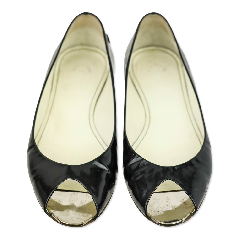 Chanel Black Patent Leather Peep Toe Flats