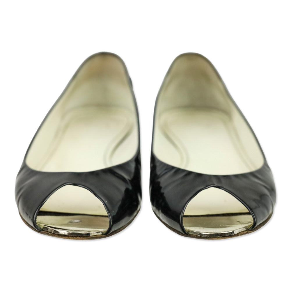 Chanel Black Patent Leather Peep Toe Flats