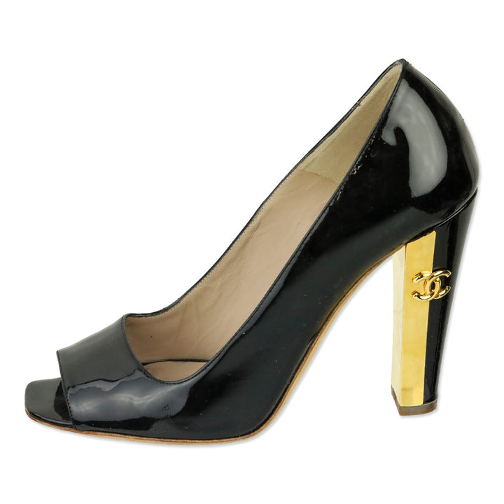 Chanel Black Patent Leather Peep Toe Gold Heel Pumps