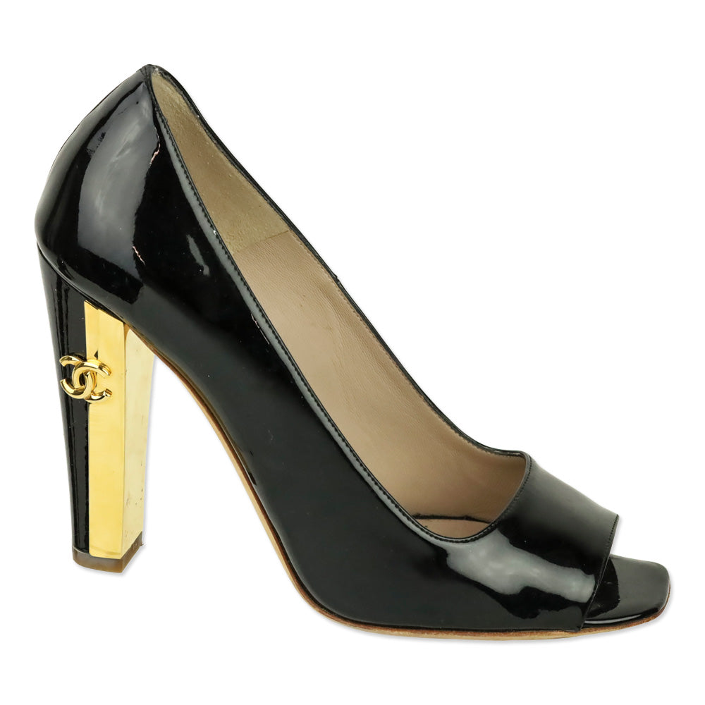 Chanel Black Patent Leather Peep Toe Gold Heel Pumps