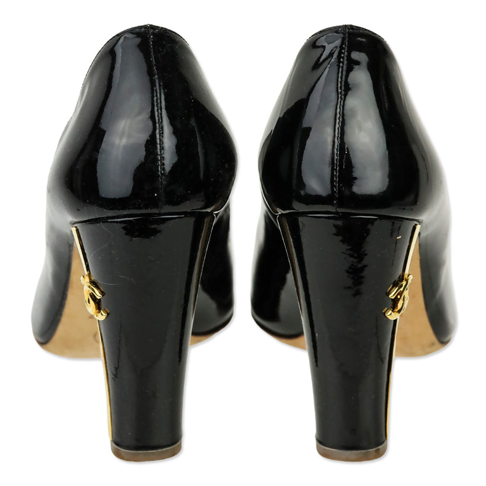 Chanel Black Patent Leather Peep Toe Gold Heel Pumps