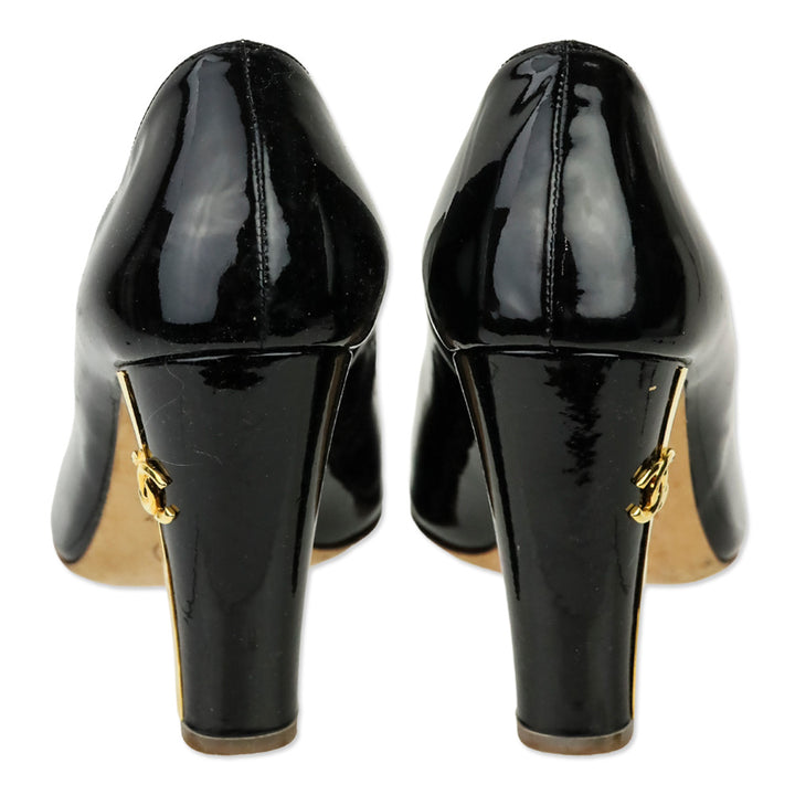 Chanel Black Patent Leather Peep Toe Gold Heel Pumps