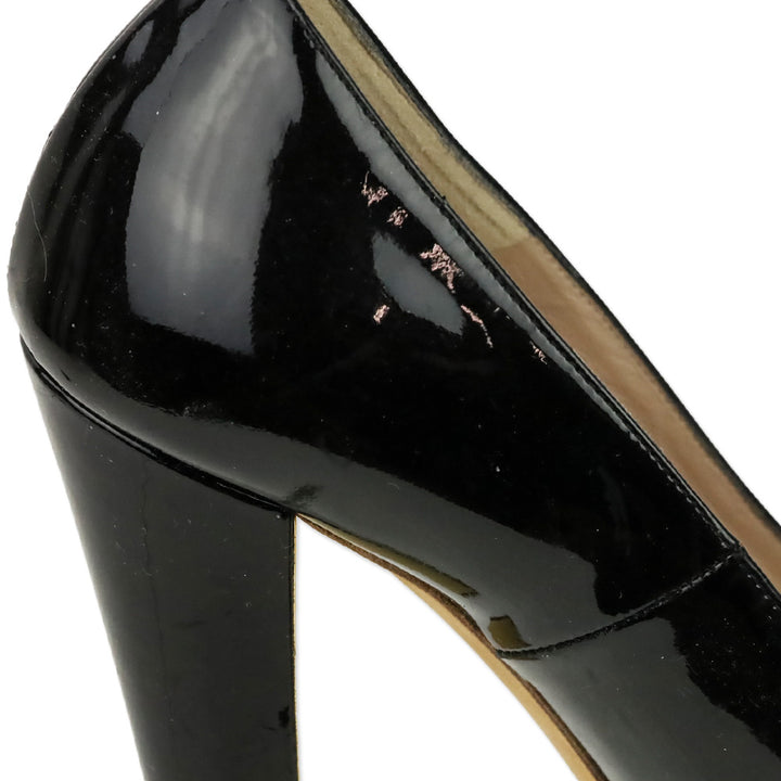 Chanel Black Patent Leather Peep Toe Gold Heel Pumps