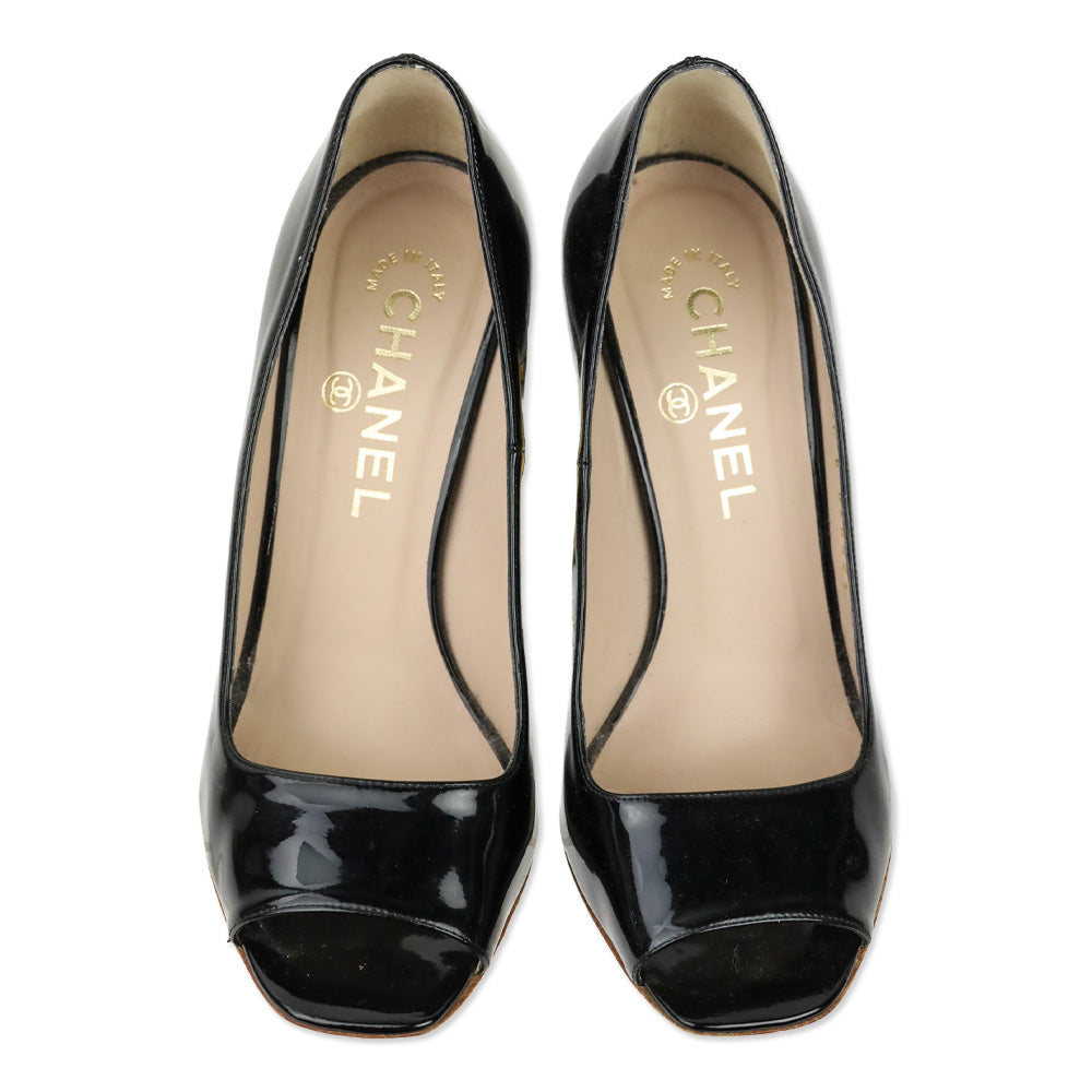 Chanel Black Patent Leather Peep Toe Gold Heel Pumps