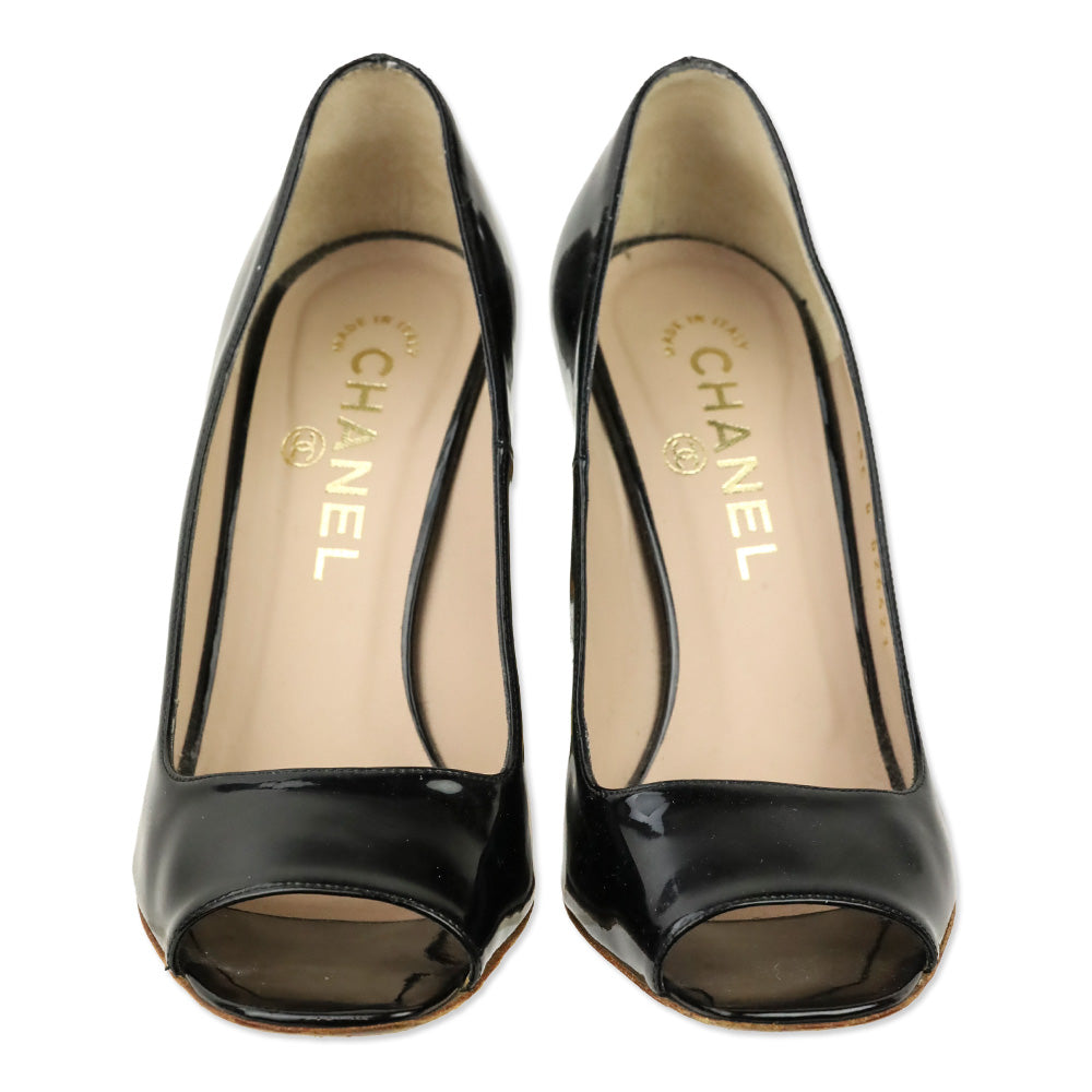 Chanel Black Patent Leather Peep Toe Gold Heel Pumps