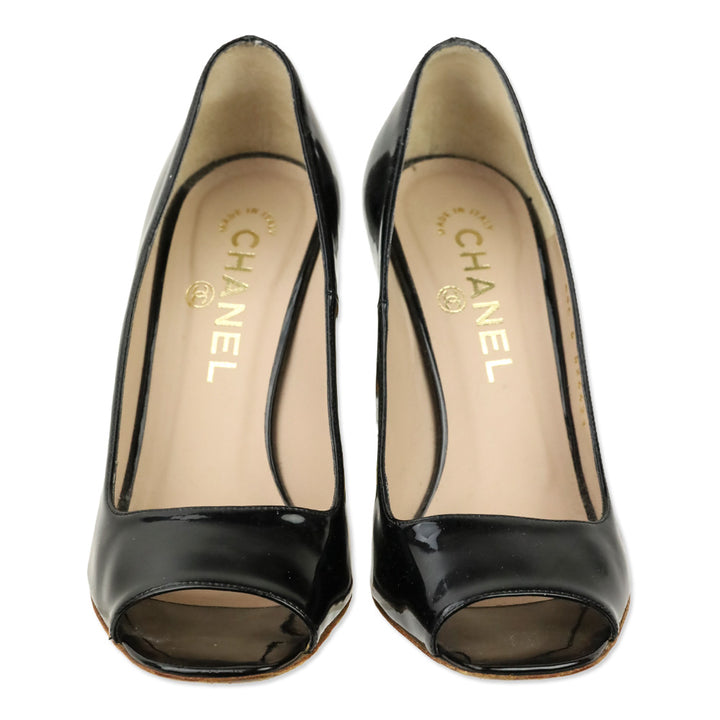 Chanel Black Patent Leather Peep Toe Gold Heel Pumps