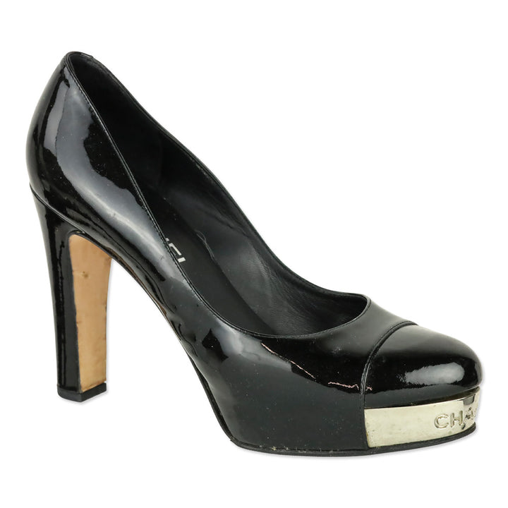 Chanel Black Patent Leather Silver Logo Plate Platform Pumps