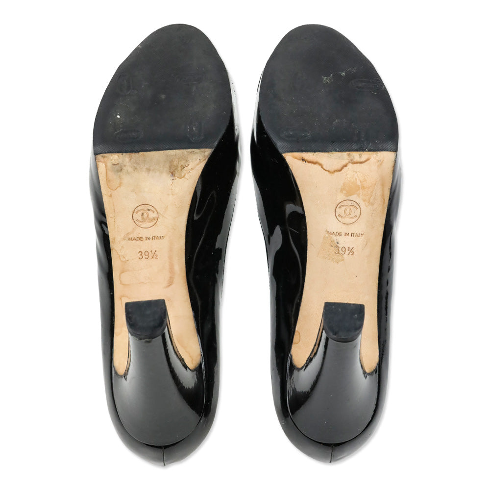 Chanel Black Patent Leather Silver Logo Plate Platform Pumps