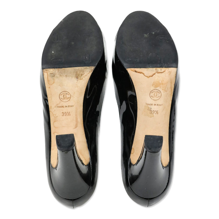 Chanel Black Patent Leather Silver Logo Plate Platform Pumps