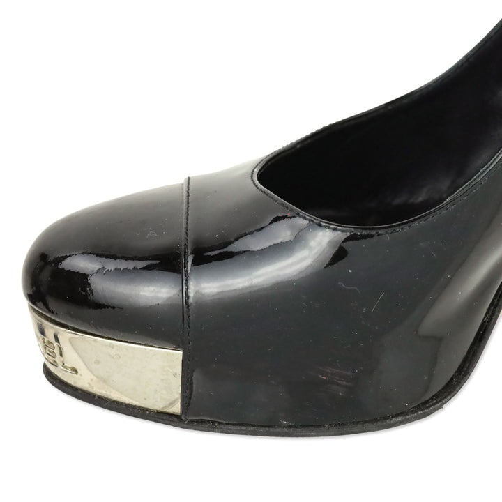 Chanel Black Patent Leather Silver Logo Plate Platform Pumps