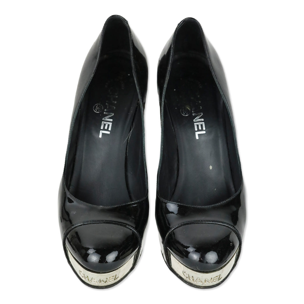 Chanel Black Patent Leather Silver Logo Plate Platform Pumps