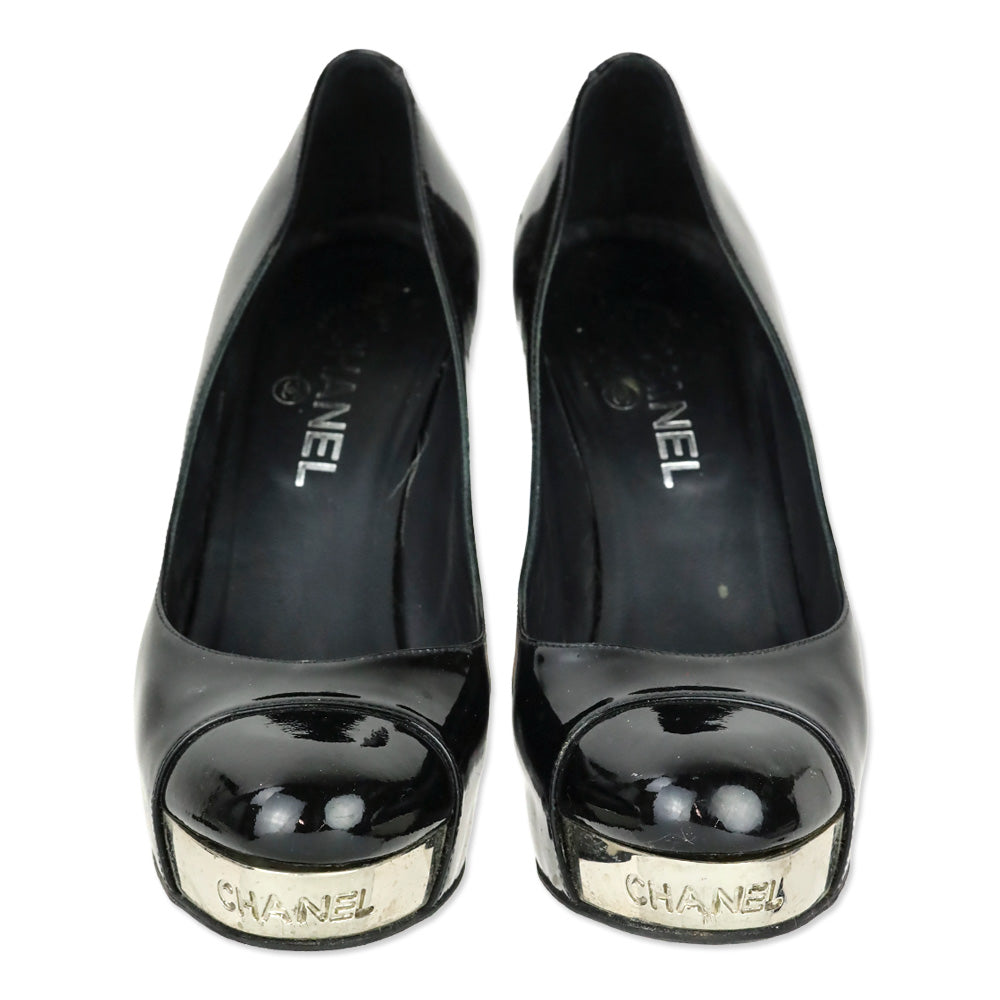 Chanel Black Patent Leather Silver Logo Plate Platform Pumps