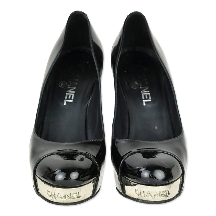 Chanel Black Patent Leather Silver Logo Plate Platform Pumps
