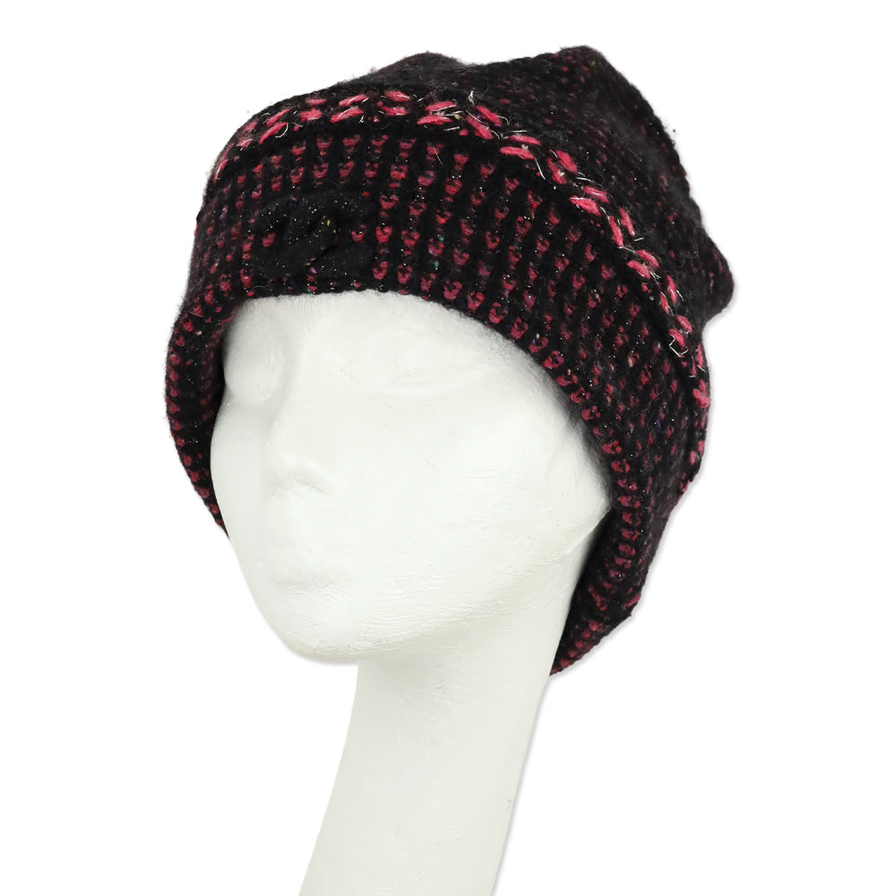 Chanel Black Pink Cashmere Tweed CC Beanie