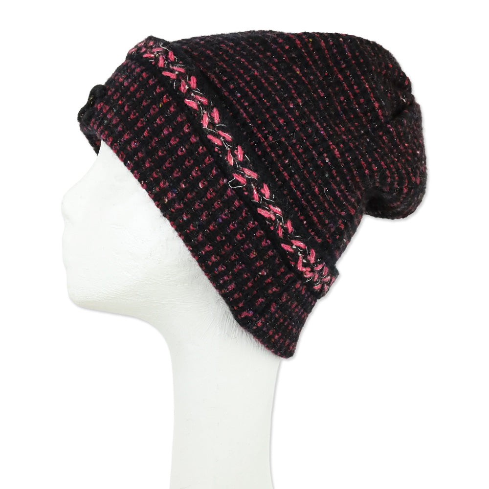 Chanel Black Pink Cashmere Tweed CC Beanie