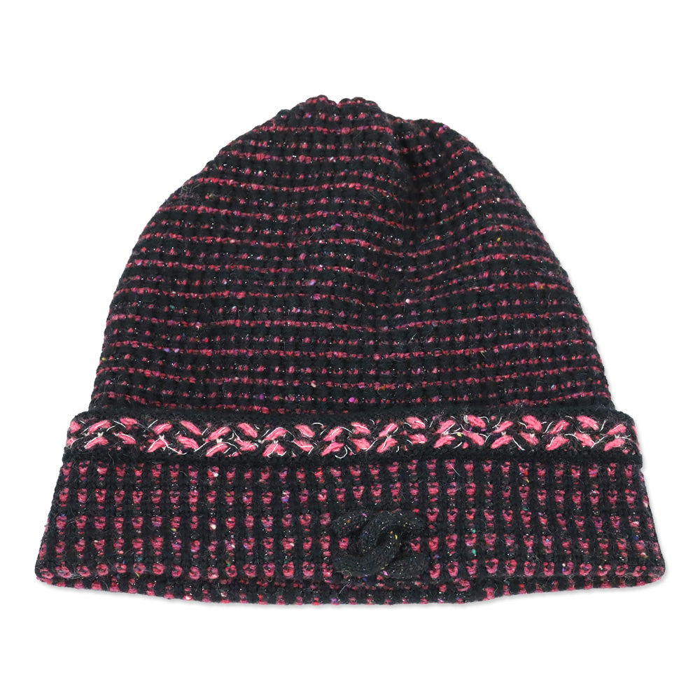 Chanel Black Pink Cashmere Tweed CC Beanie