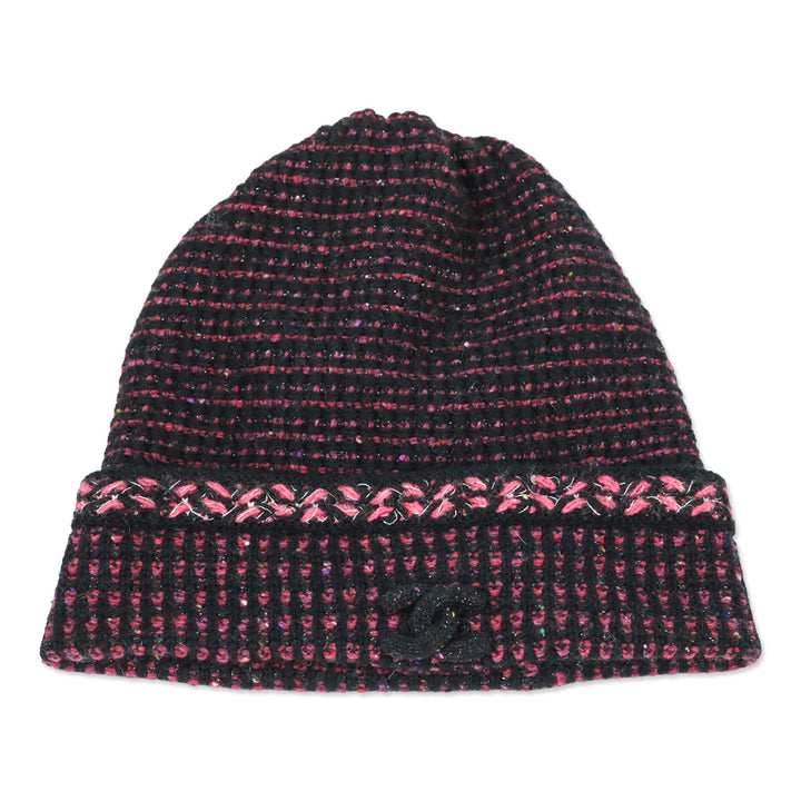 Chanel Black Pink Cashmere Tweed CC Beanie