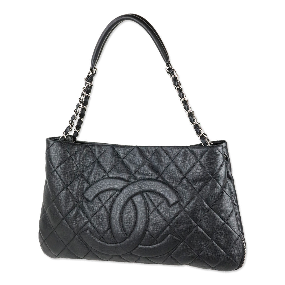 Chanel Black Quilted Caviar Leather Expandable Zip Around Tote Bag