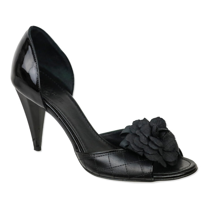 Chanel Black Quilted Leather Flower Accent D'Orsay Peep Toe Pump
