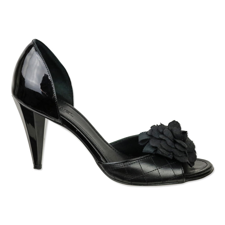 Chanel Black Quilted Leather Flower Accent D'Orsay Peep Toe Pump