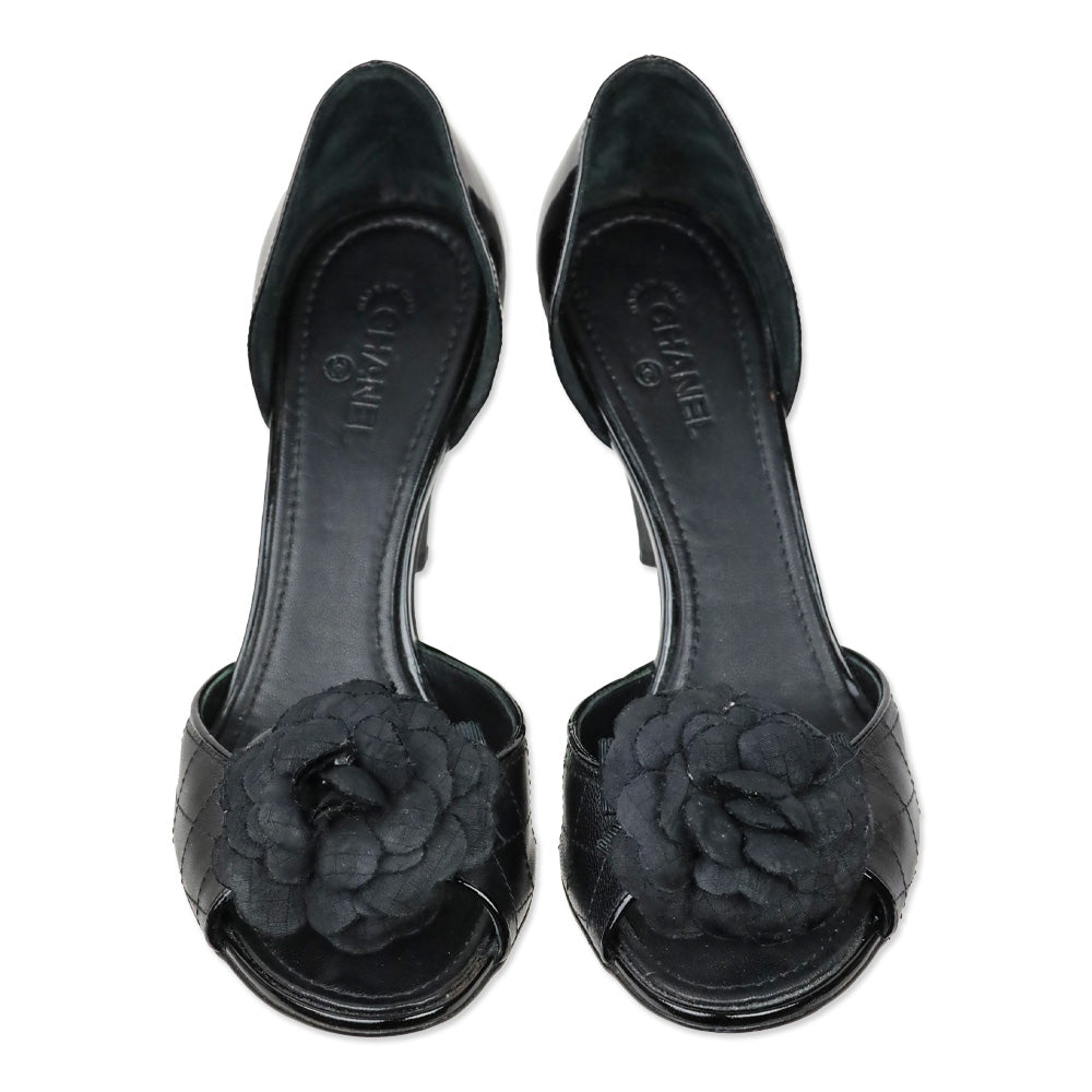 Chanel Black Quilted Leather Flower Accent D'Orsay Peep Toe Pump