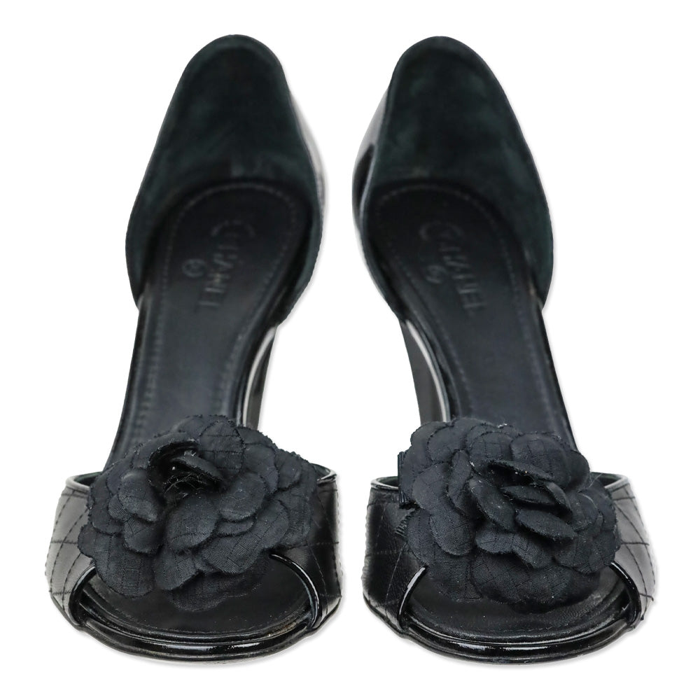Chanel Black Quilted Leather Flower Accent D'Orsay Peep Toe Pump