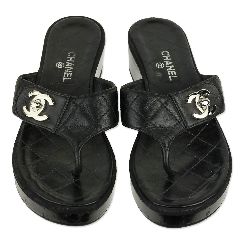 Chanel Black Quilted Leather Platform Thong Sandals