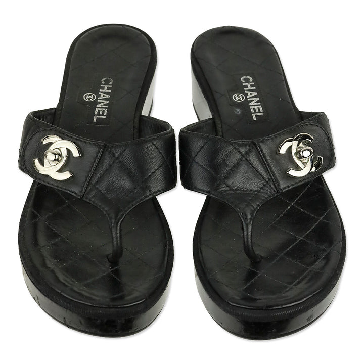 Chanel Black Quilted Leather Platform Thong Sandals