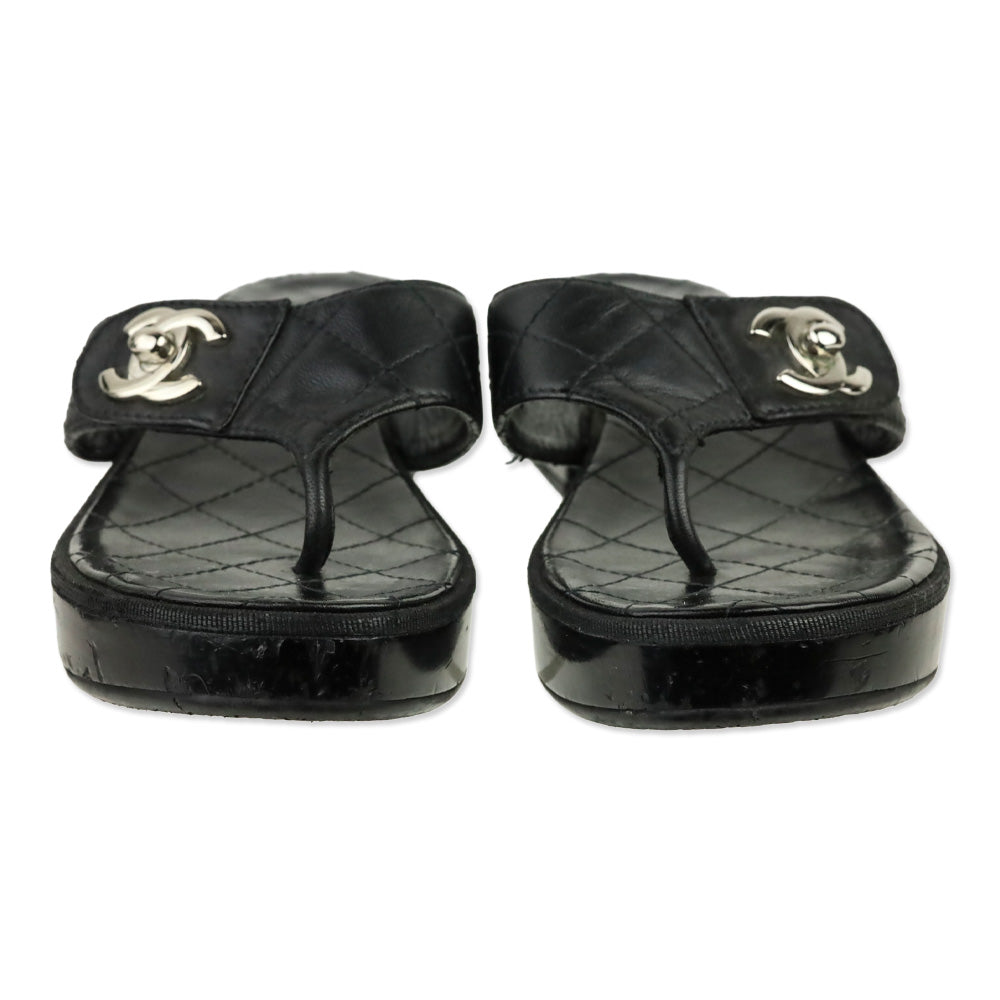 Chanel Black Quilted Leather Platform Thong Sandals