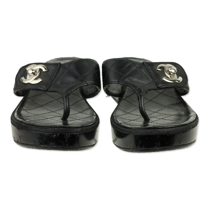 Chanel Black Quilted Leather Platform Thong Sandals