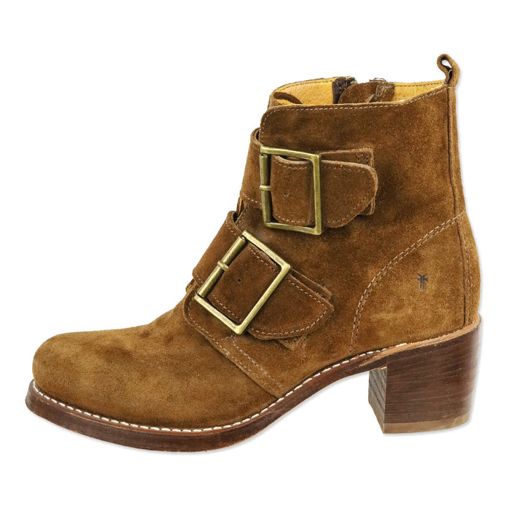 Frye Sabrina Brown Suede Double Buckle Ankle Boots