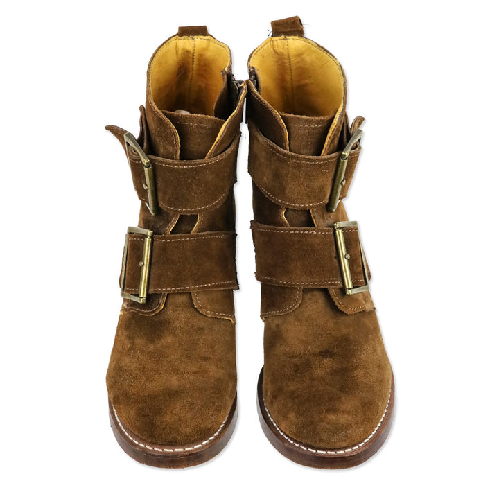 Frye Sabrina Brown Suede Double Buckle Ankle Boots