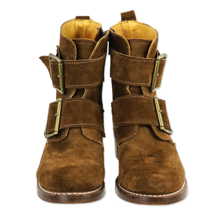 Frye Sabrina Brown Suede Double Buckle Ankle Boots