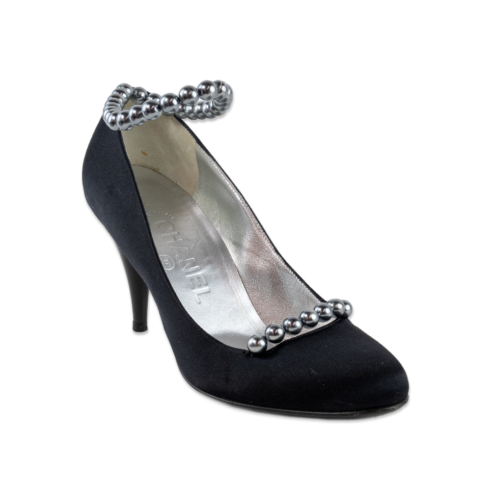 Chanel Black Satin Heels with Pearl Ankle Straps