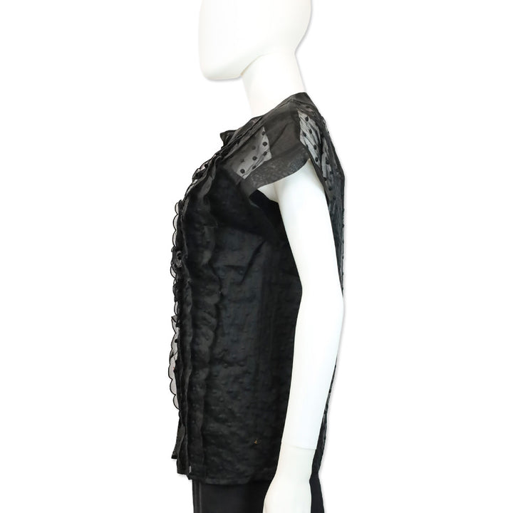 Chanel Black Sheer Dotted Ruffle Cap Sleeve Button Up Top