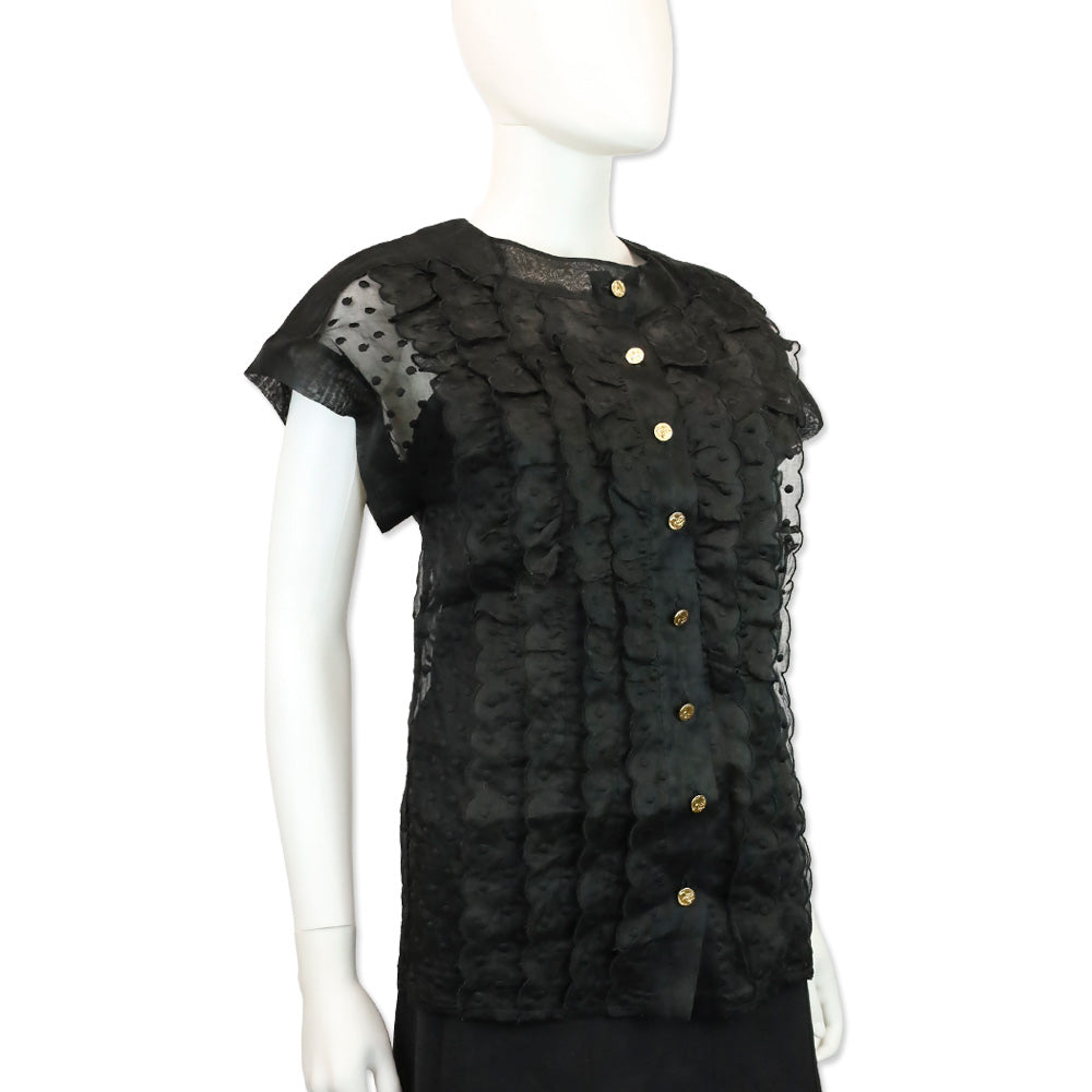 Chanel Black Sheer Dotted Ruffle Cap Sleeve Button Up Top