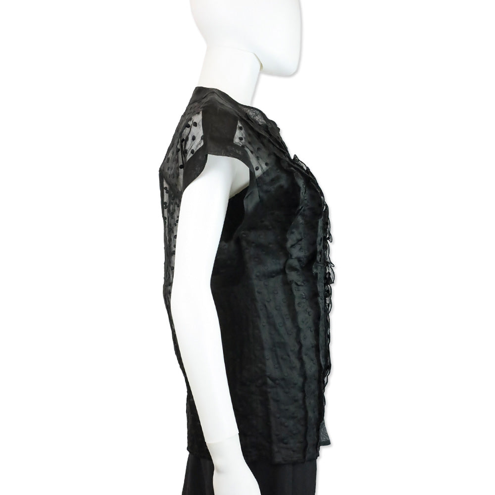 Chanel Black Sheer Dotted Ruffle Cap Sleeve Button Up Top