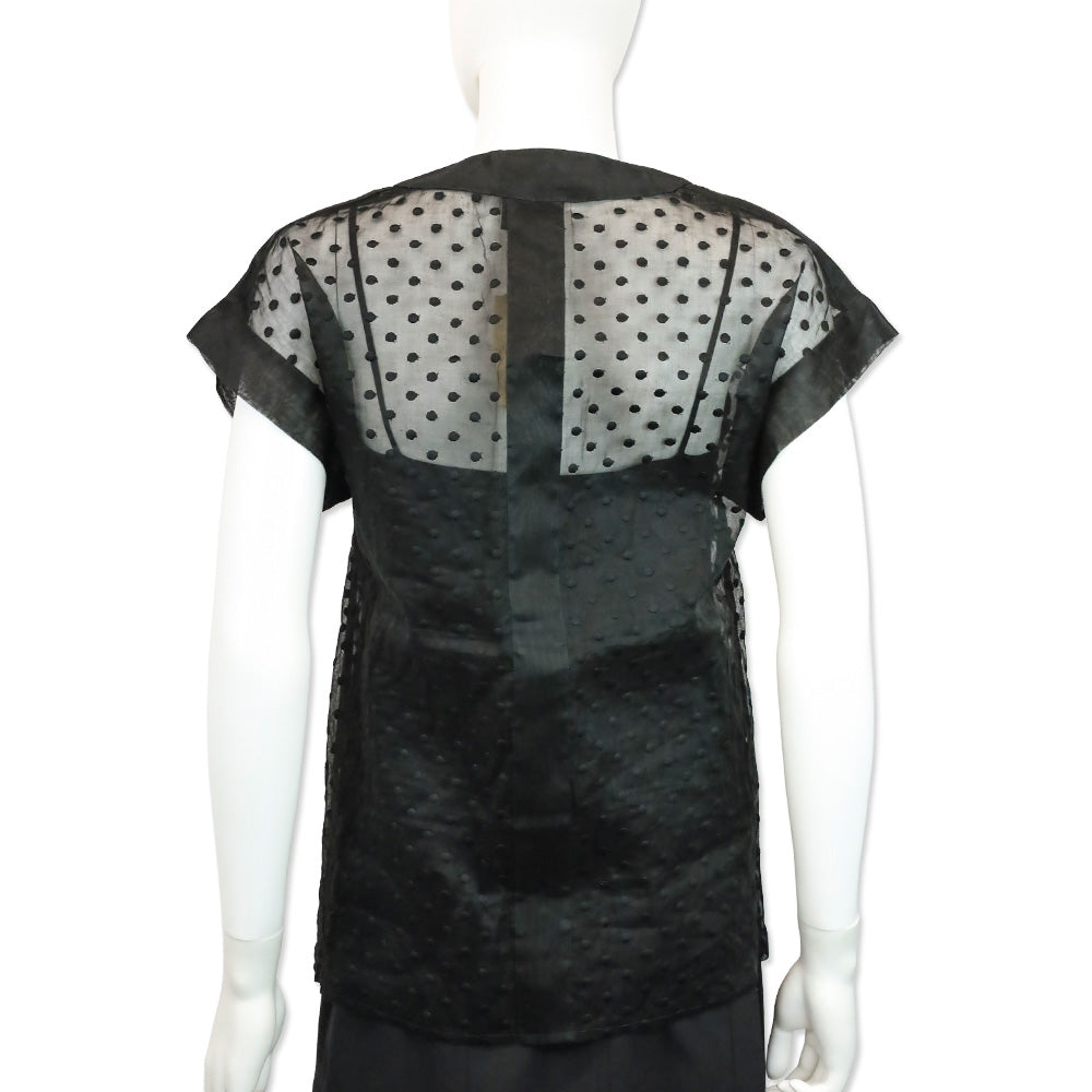Chanel Black Sheer Dotted Ruffle Cap Sleeve Button Up Top