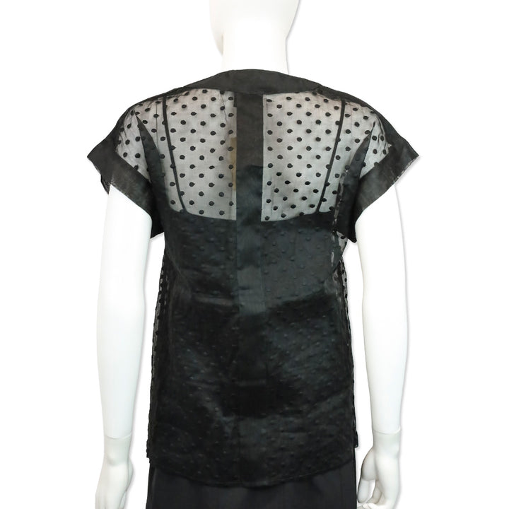 Chanel Black Sheer Dotted Ruffle Cap Sleeve Button Up Top