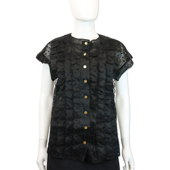 Chanel Black Sheer Dotted Ruffle Cap Sleeve Button Up Top