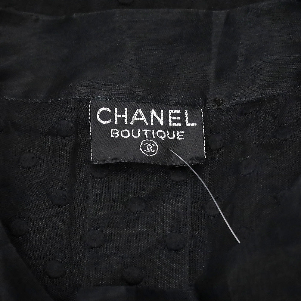 Chanel Black Sheer Dotted Ruffle Cap Sleeve Button Up Top