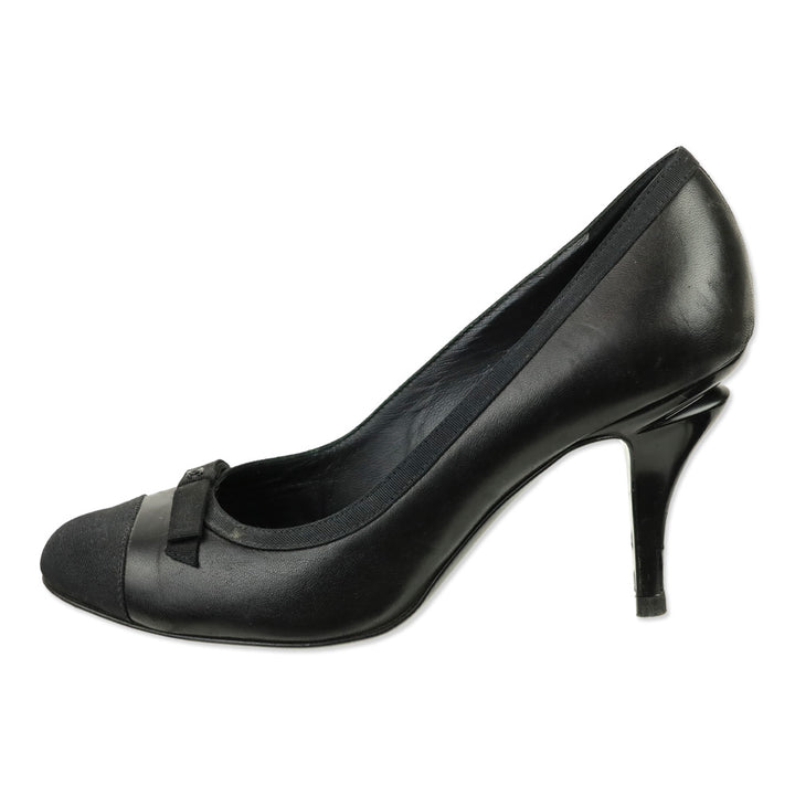 Chanel Black Soft Leather Grosgrain Cap Toe Bow Pump