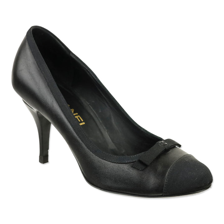 Chanel Black Soft Leather Grosgrain Cap Toe Bow Pump