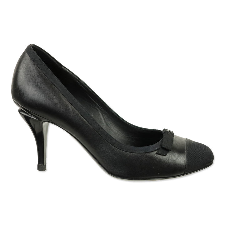 Chanel Black Soft Leather Grosgrain Cap Toe Bow Pump