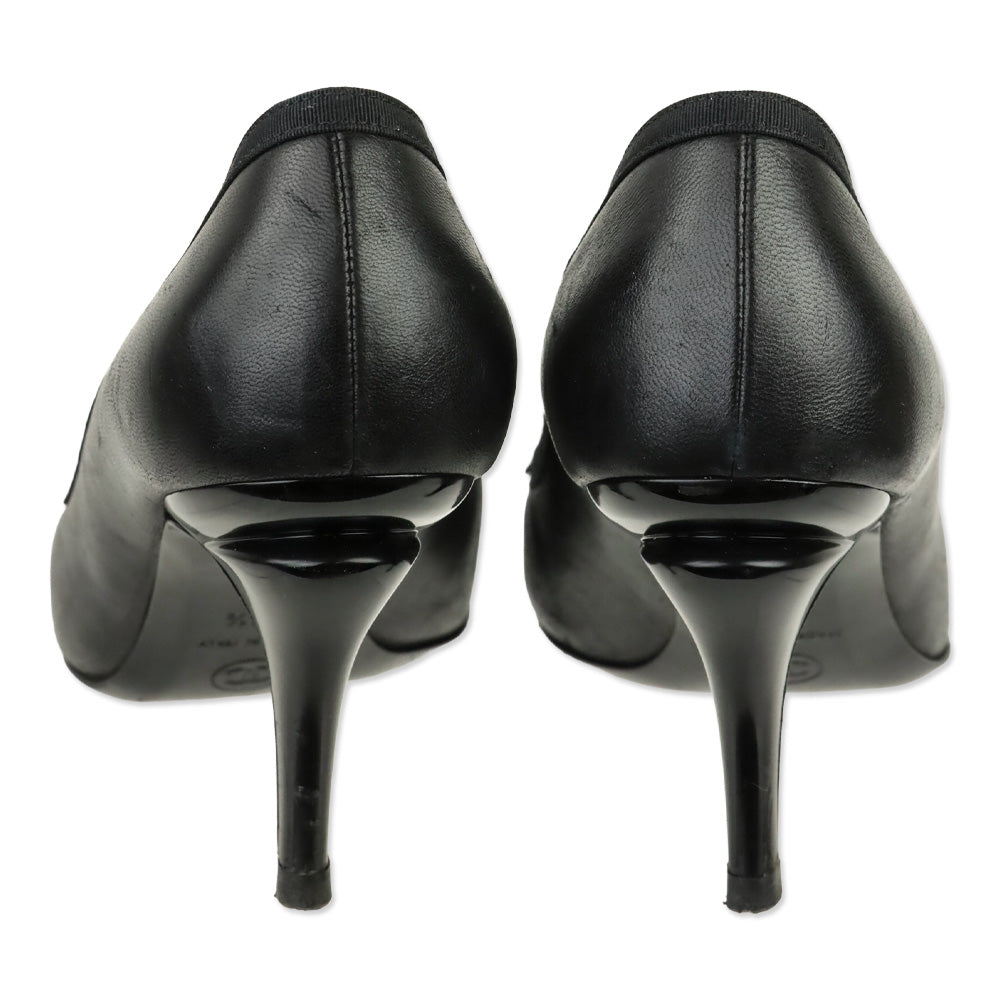 Chanel Black Soft Leather Grosgrain Cap Toe Bow Pump