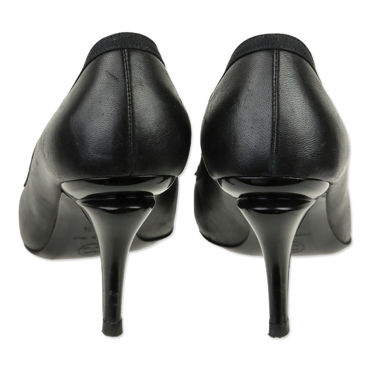 Chanel Black Soft Leather Grosgrain Cap Toe Bow Pump